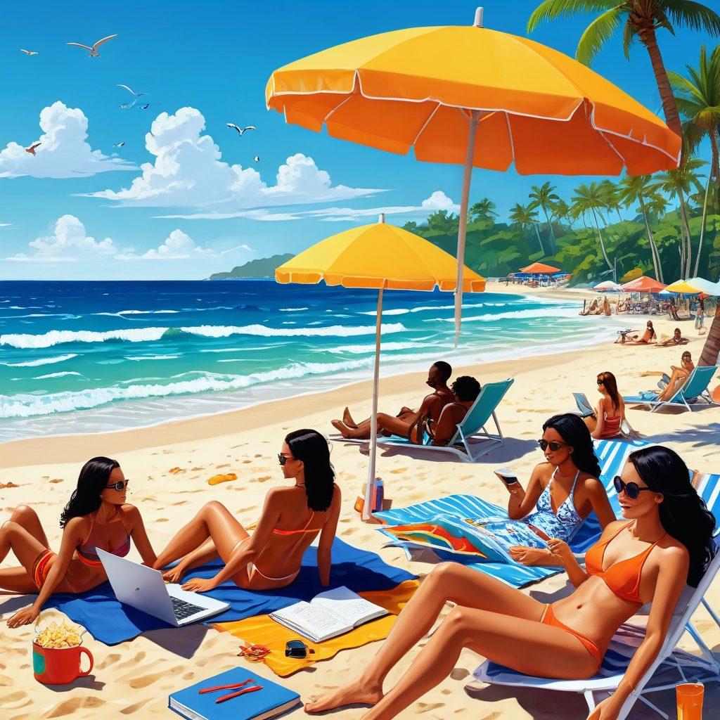 A vibrant beach scene featuring diverse characters in stylish bikinis, animatedly discussing their fan fiction ideas under a bright sun. In the background, an oversized beach umbrella serves as a creative workspace with notebooks and laptops scattered around. The ocean waves warmly lap at the shore, symbolizing creativity flowing freely. Bright colors enhance the playful atmosphere, evoking excitement and community spirit. cartoon style. vibrant colors. sunny beach backdrop.