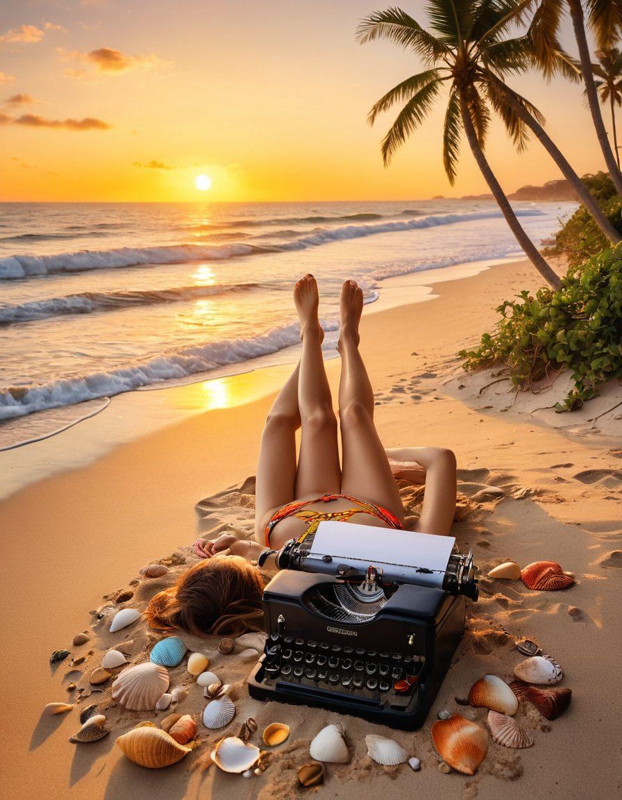 A serene beach scene with a writer sitting on soft sand, typing on a vintage typewriter, surrounded by scattered colorful bikinis and seashells. The sun is setting, casting a warm golden glow over the scene, while gentle waves lap at the shore. In the background, palm trees sway softly, embodying a creative and relaxed atmosphere. The whole image is infused with vibrant colors to evoke the joy of summer and creativity. ultra-realistic. vibrant colors. sunset background.