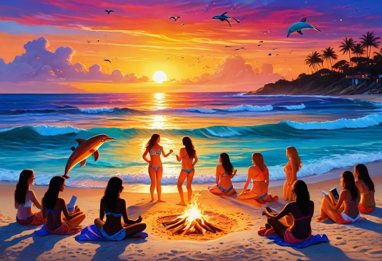 A vibrant beach scene depicting a diverse group of writers seated around a colorful bonfire, happily discussing their bikini-themed fan fiction. The background features a panoramic view of a stunning sunset over the ocean waves, with playful dolphins jumping in the distance. Include whimsical elements like floating thought bubbles showcasing imaginative bikini designs and characters inspired by popular culture. The overall atmosphere should be inviting and creative, encouraging readers to explore their own artistic ideas. digital painting. bright colors. warm tones.